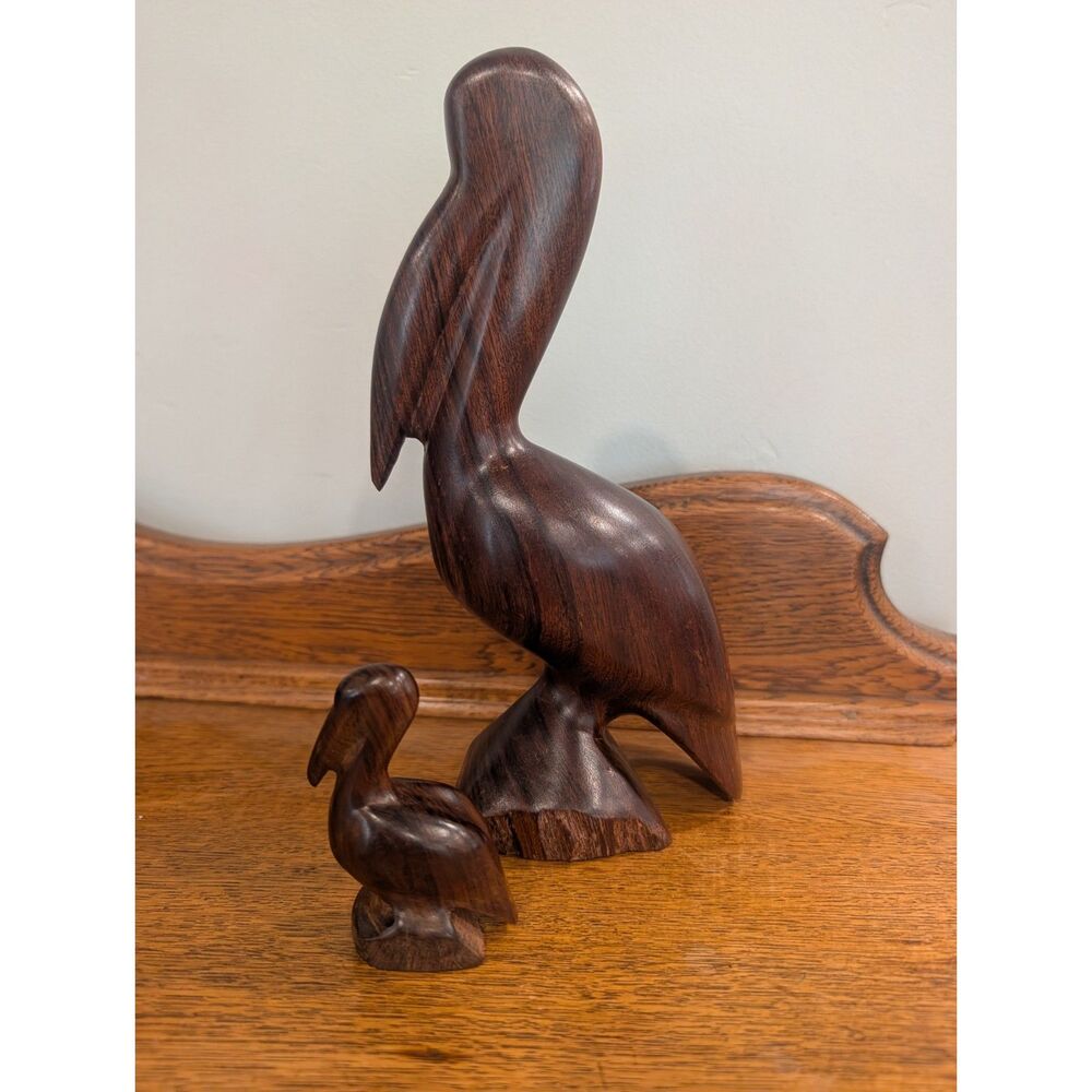 Pair Vintage Hand Carved Ironwood Pelican Figurines Mexico Large Small Decor